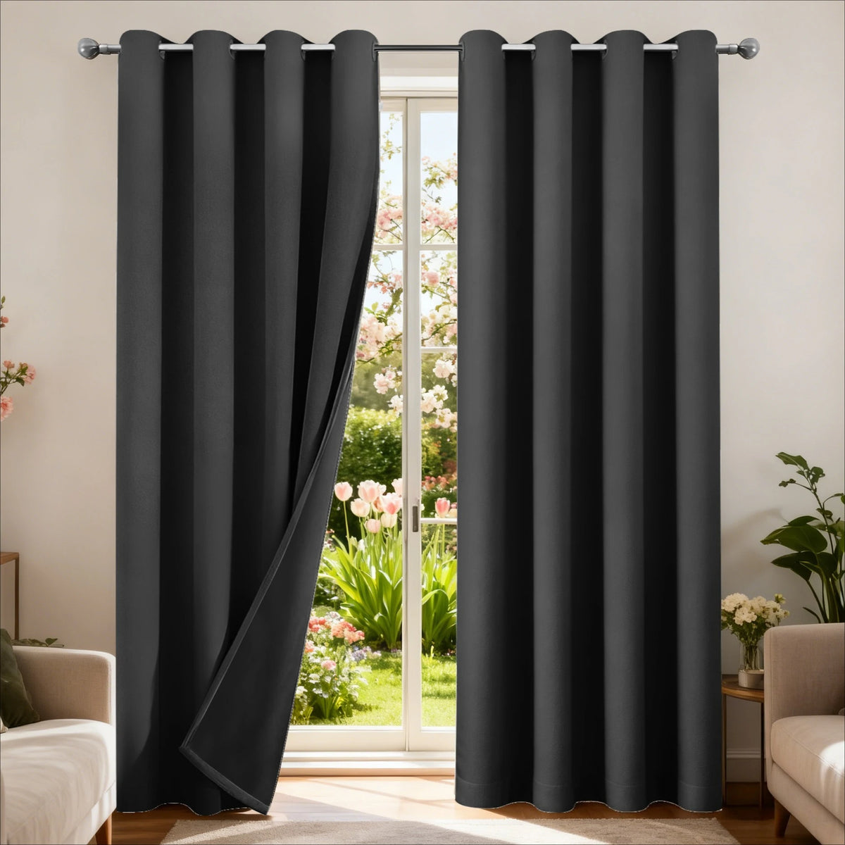 Black blackout curtain panels with grommet top hanging in a doorway