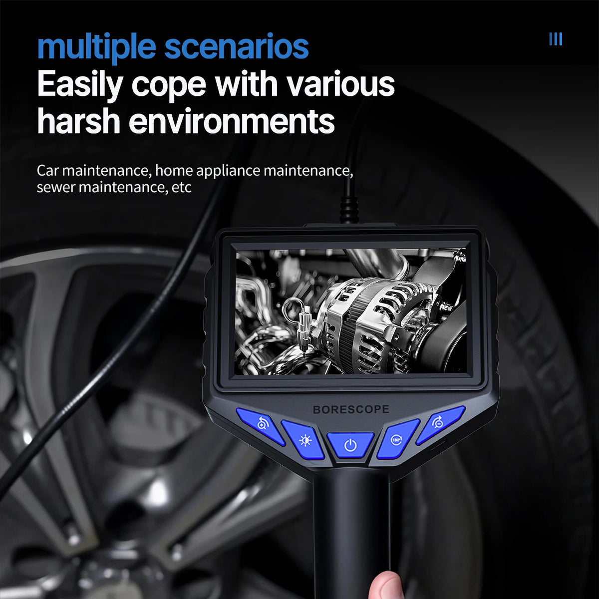 A handheld industrial borescope with a screen is shown against a blurred background of a car wheel.