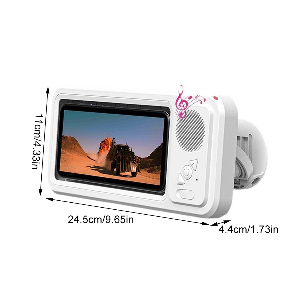A white waterproof shower phone holder with a built-in Bluetooth speaker and a display screen.