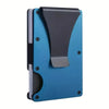 A blue slim aluminum RFID blocking wallet with a money clip shown from the side.