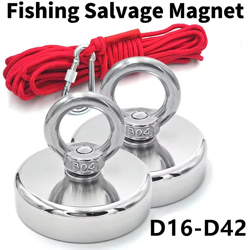 Fischfang-Magnet mit rotem Kabel und silbernen Magnethaken, Modell D16-D42.