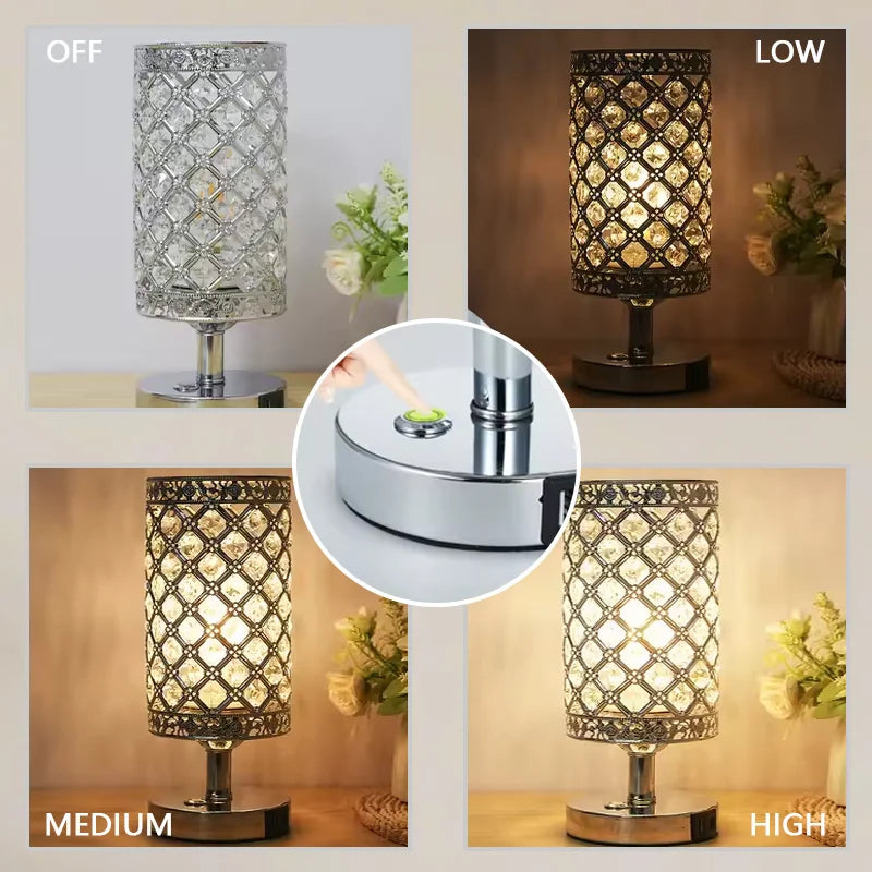 A modern crystal touch-sensor table lamp shown in off, low, medium, and high light settings.