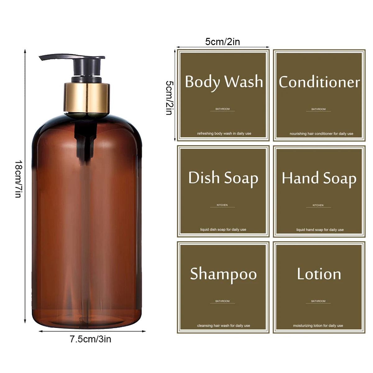 A brown glass refillable soap dispenser bottle with a gold pump top and various labeled soap and lotion refills.