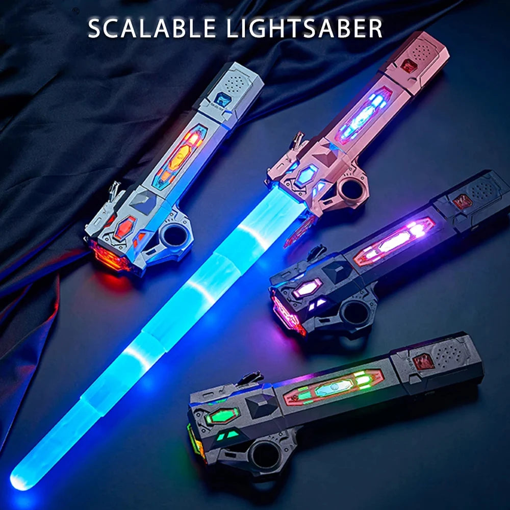 A collection of scalable lightsabers featuring various colors and designs displayed on a dark surface.