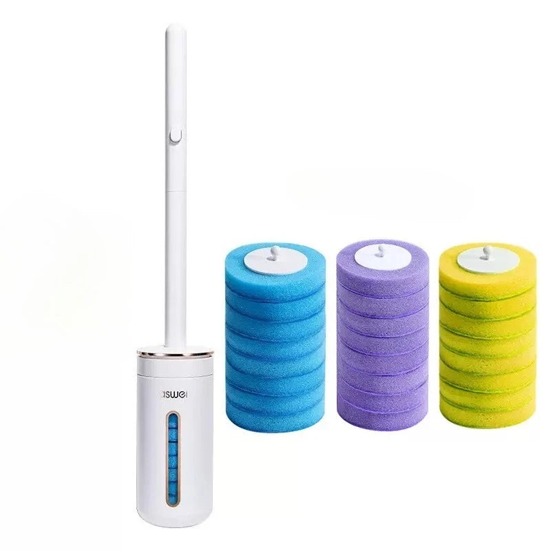 A white wall-mounted disposable toilet brush set with multiple blue and purple refill heads.