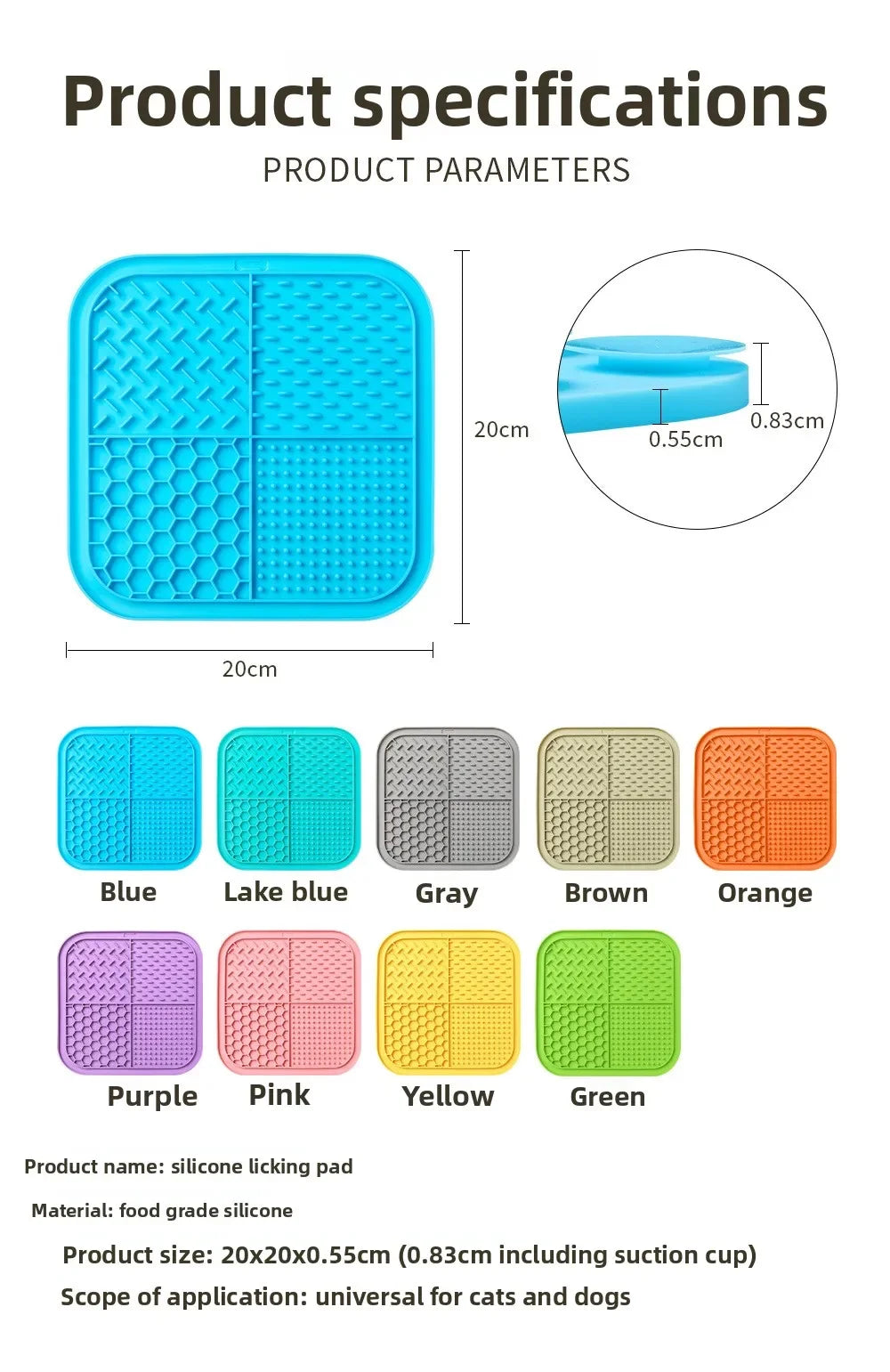 A set of silicone licking pads in various colors including blue, pink, purple, yellow, green, gray, brown, and orange.