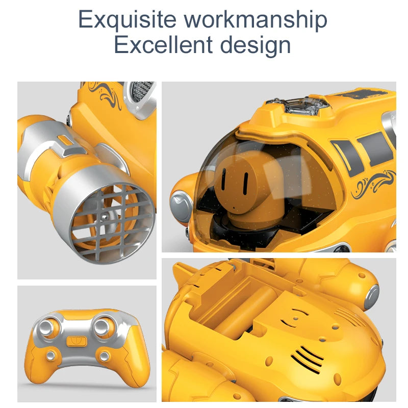 Close-up view of a yellow remote control spray boat with exquisite workmanship and excellent design.