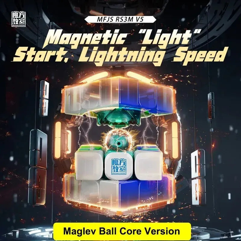 A close-up of a MoYu RS3M V5 magnetic speed cube featuring a Maglev ball core version, highlighting its bright light and ligh