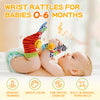 A baby is shown holding soft wrist rattles and foot finder socks for sensory training and fine motor exercise.