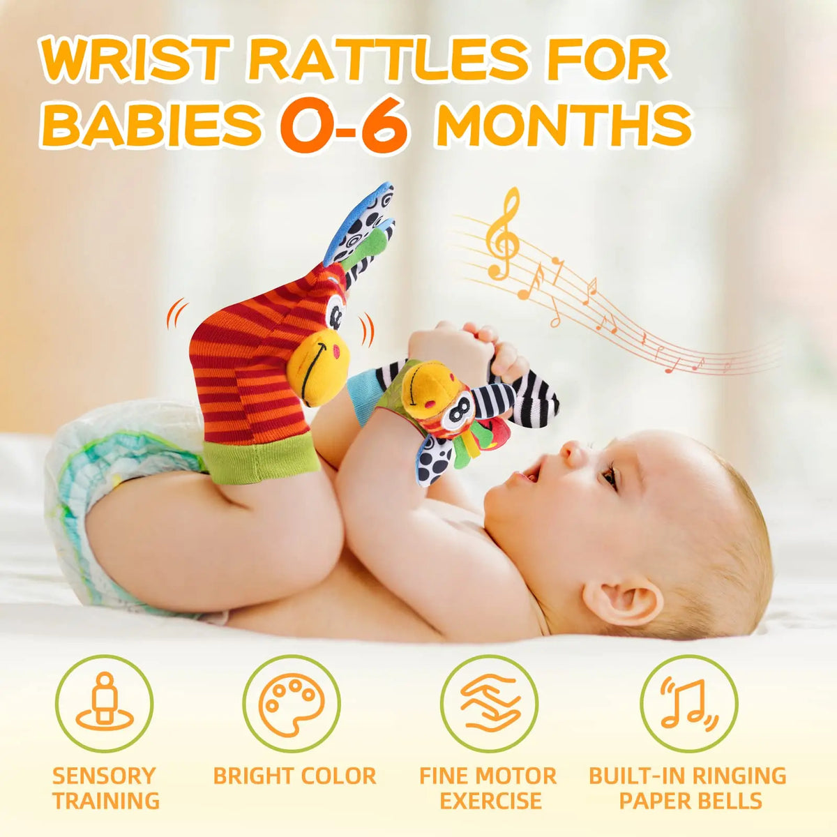 A baby is shown holding soft wrist rattles and foot finder socks for sensory training and fine motor exercise.