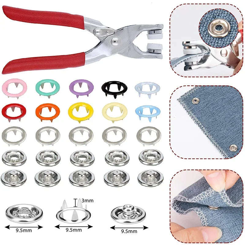 A set of metal snap buttons and pliers for DIY sewing projects, showing various sizes and tools.