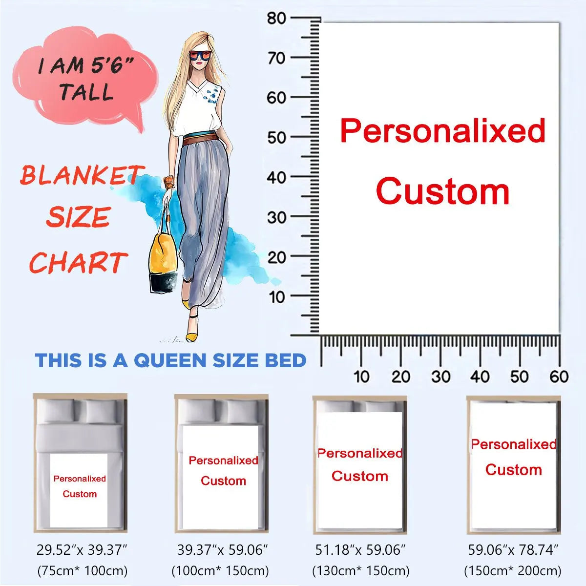 Diagramme montrant différentes tailles de couvertures en flanelle personnalisées, y compris les options taille Queen.