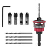 A set of adjustable depth countersink drill bits and a straight drill bit for wood screws.