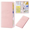 A pink faux leather document organizer with a clear plastic sleeve and an attached identification card.