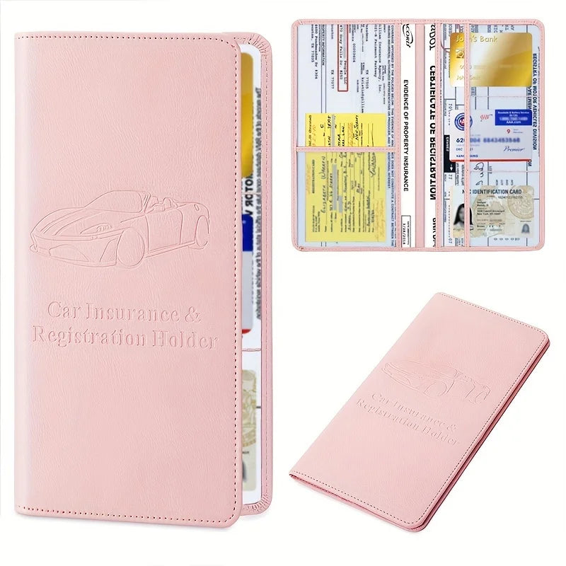 A pink faux leather document organizer with a clear plastic sleeve and an attached identification card.