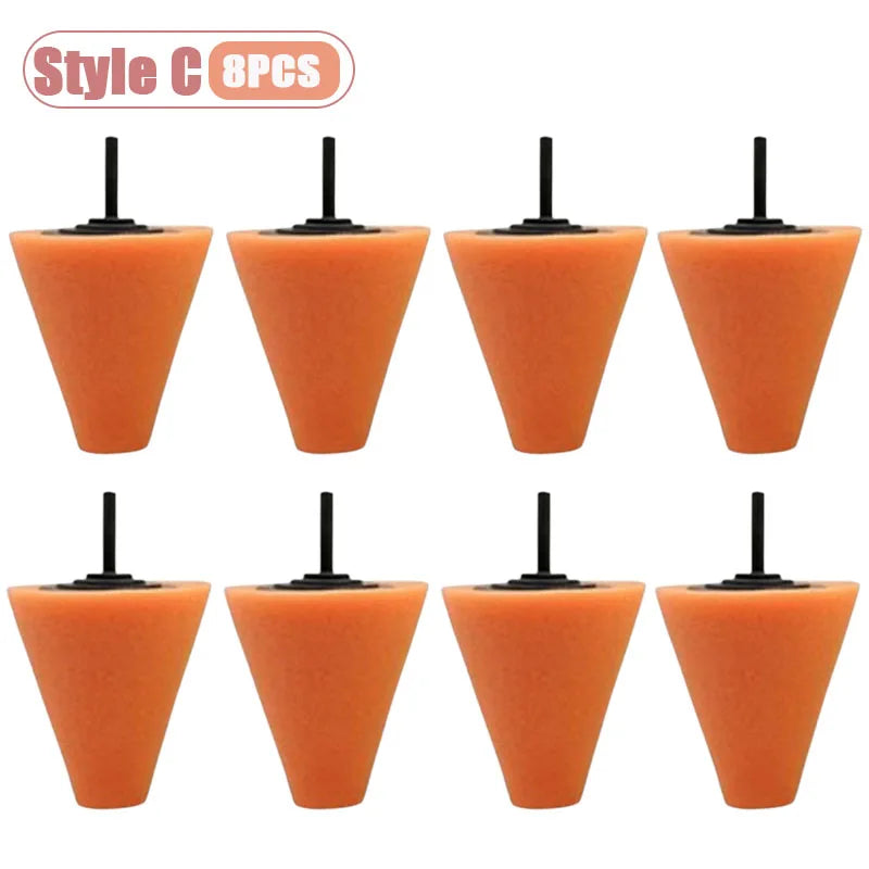 Set of eight orange drill polishing sponge cones for wheels and automotive detailing