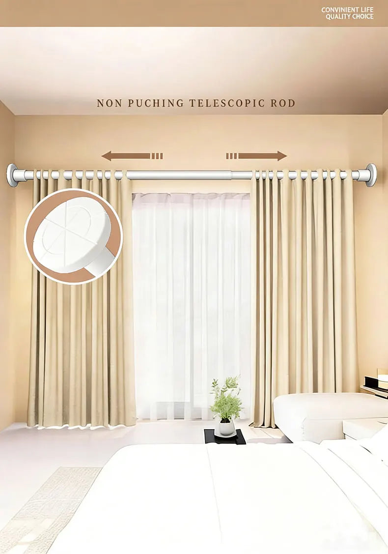 A non-puching telescopic rod is installed above a window, with a shower curtain hanging below.