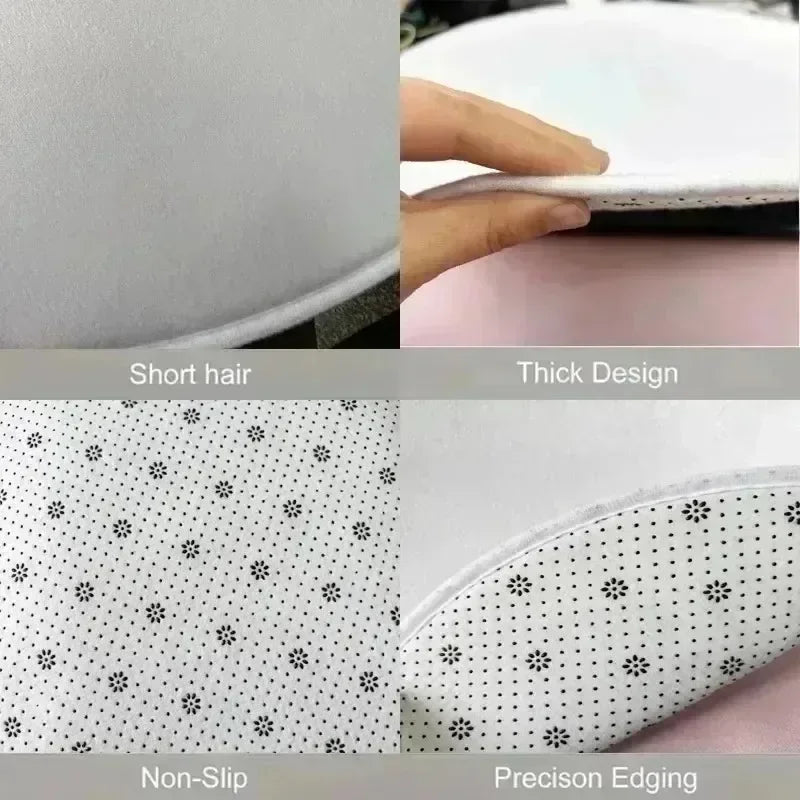 Close-up shots showing the thick design, non-slip feature, and precision edging of a round magic circle pattern area rug.
