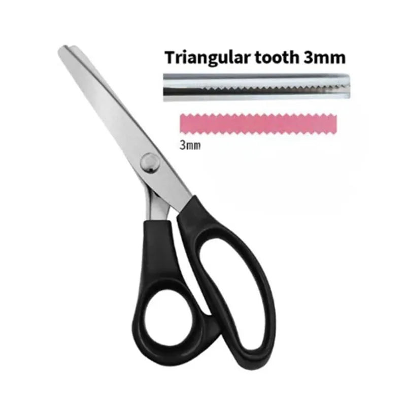 Stainless steel triangular tooth sewing shears with a 3mm opening shown next to the scissors.