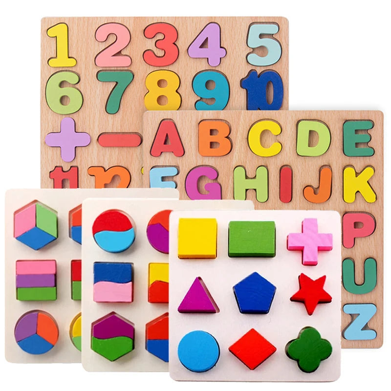 A wooden puzzle board featuring letters, numbers, and shapes for toddlers.