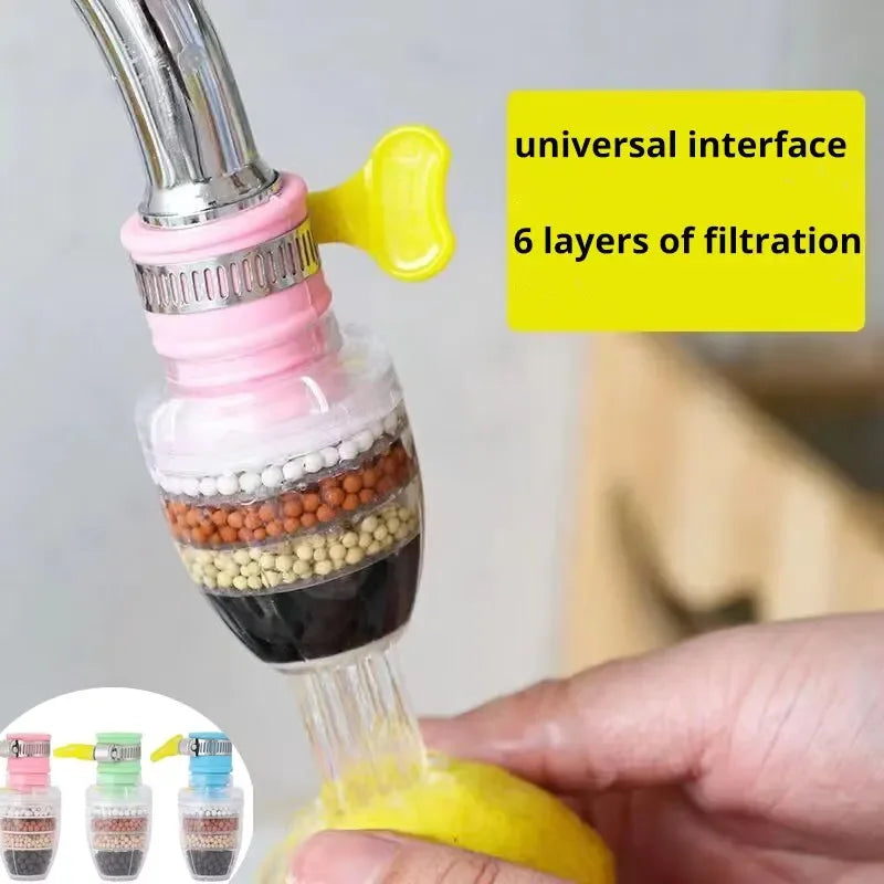 A close-up of a universal faucet water filter showing multiple layers of filtration and a yellow spray head being held by a h