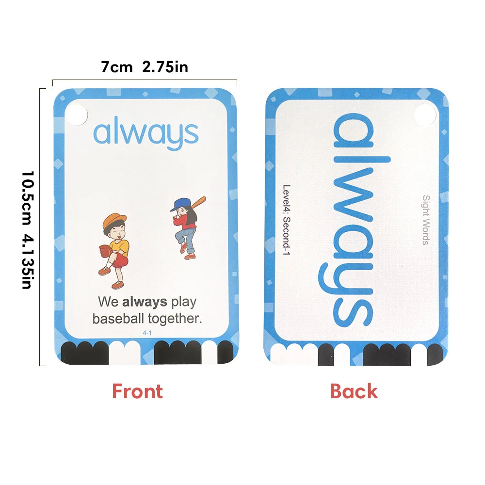 A pair of blue and white flashcards showing the front and back of a sight word card for learning.