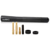 A black carbon fiber short radio antenna with several threaded metal components displayed on a white background.