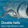 A close-up of a gray Mosasaur toy featuring a double helix design and high-efficiency motor.