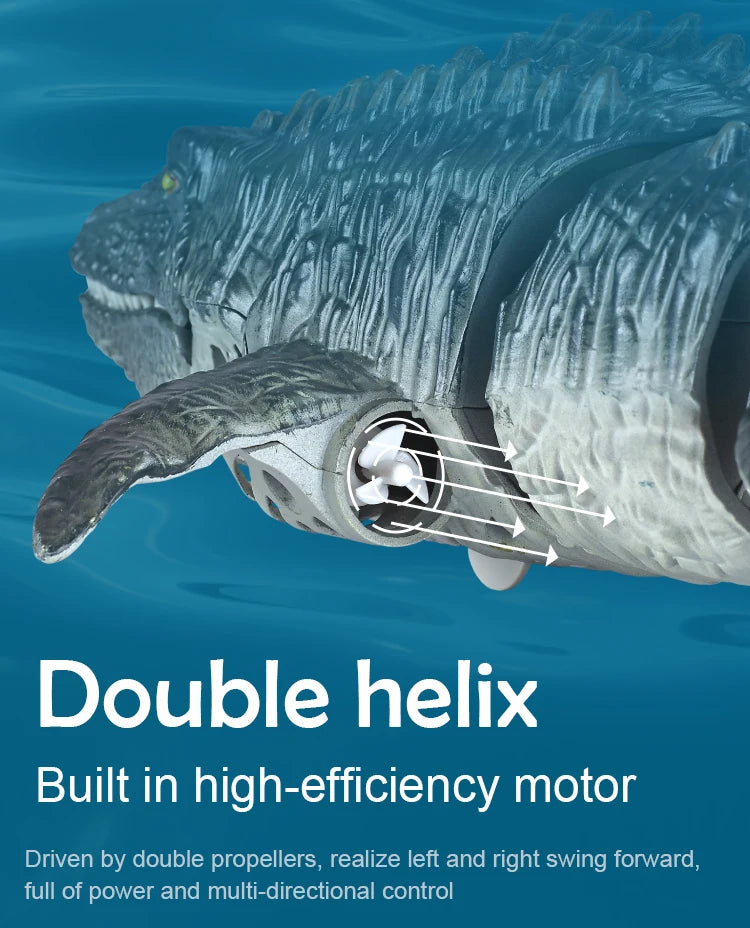 A close-up of a gray Mosasaur toy featuring a double helix design and high-efficiency motor.
