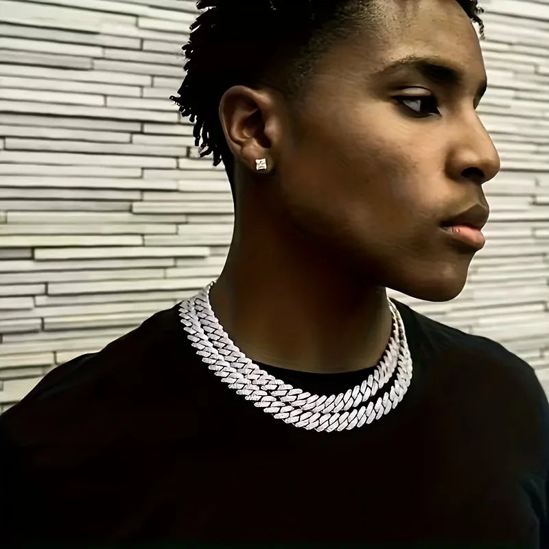 Heavy Cuban Chain Jewelry Set with Crystal Accents