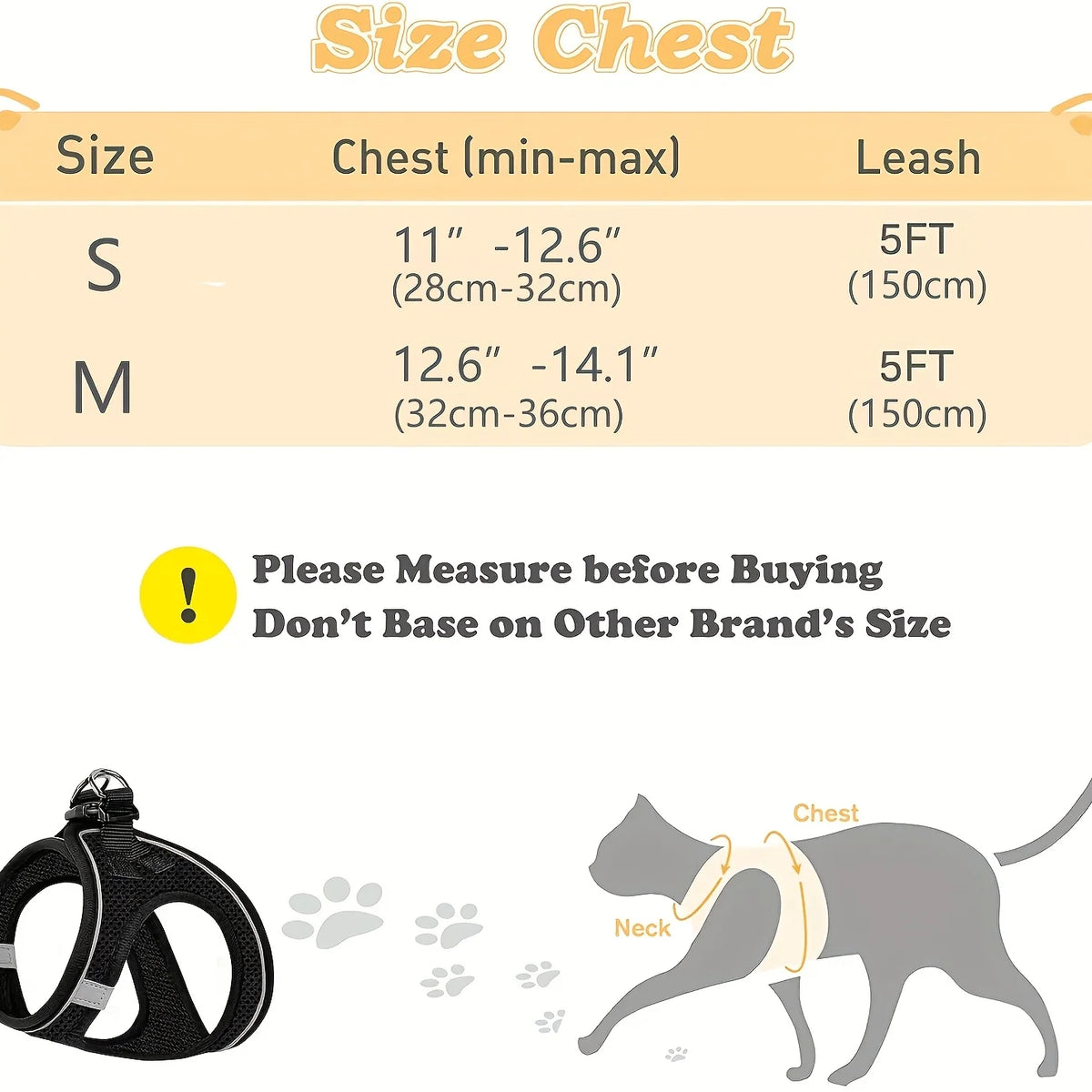 A diagram showing size measurements for a cat harness and leash set, including chest dimensions for small and medium sizes.