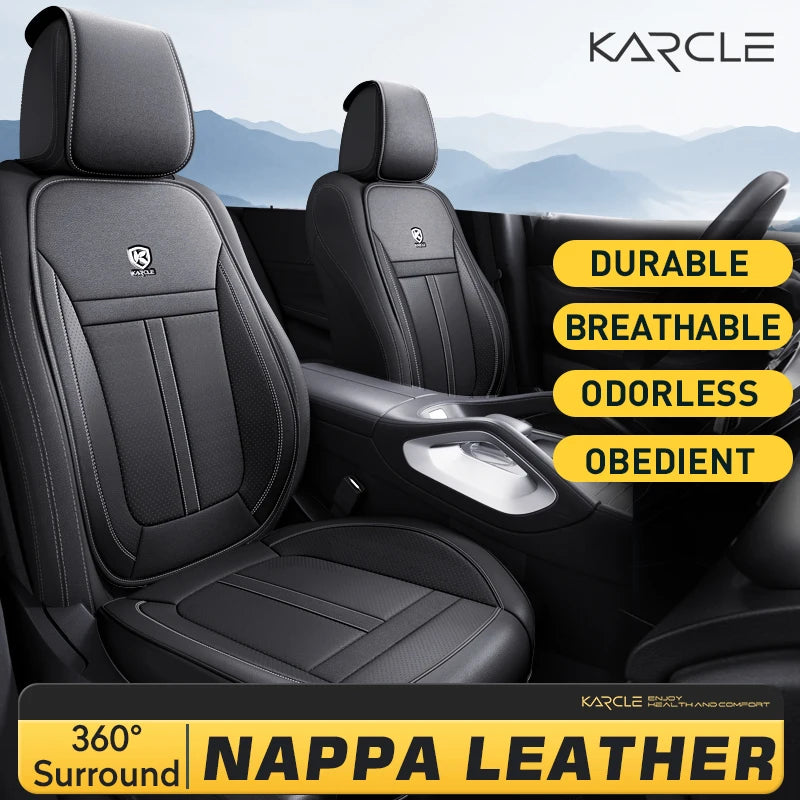 Black KARCLE Nappa Leather car seat covers for front seats, showing durable and breathable upholstery.