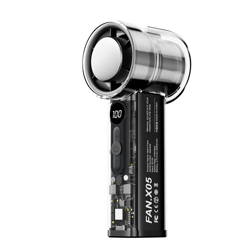 A black portable semiconductor cooling handheld fan with a silver circular grille.