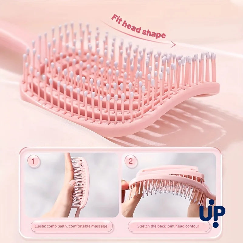 A pink volumizing detangling hair comb is shown with instructions for fitting the head shape and stretching the back contour.