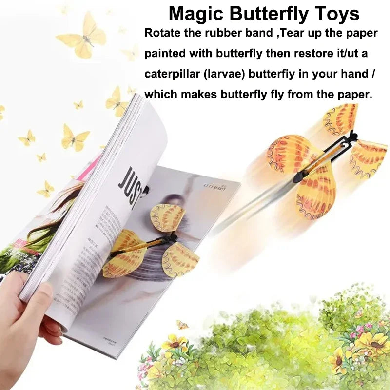 A hand holds a paper butterfly toy demonstrating how to restore a butterfly from a caterpillar using a rubber band.