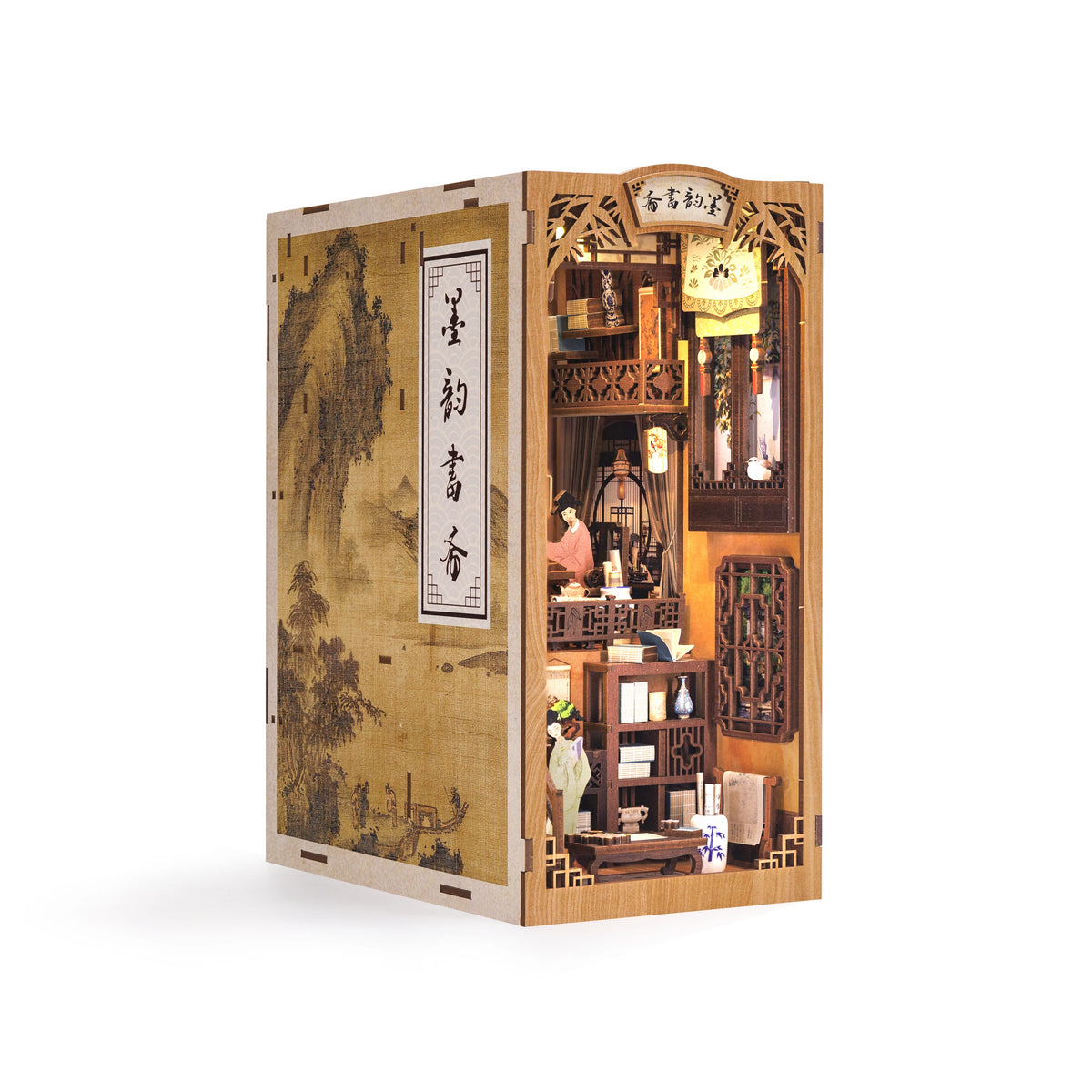 A wooden book nook kit featuring traditional Asian architecture and built-in LED lighting for display.