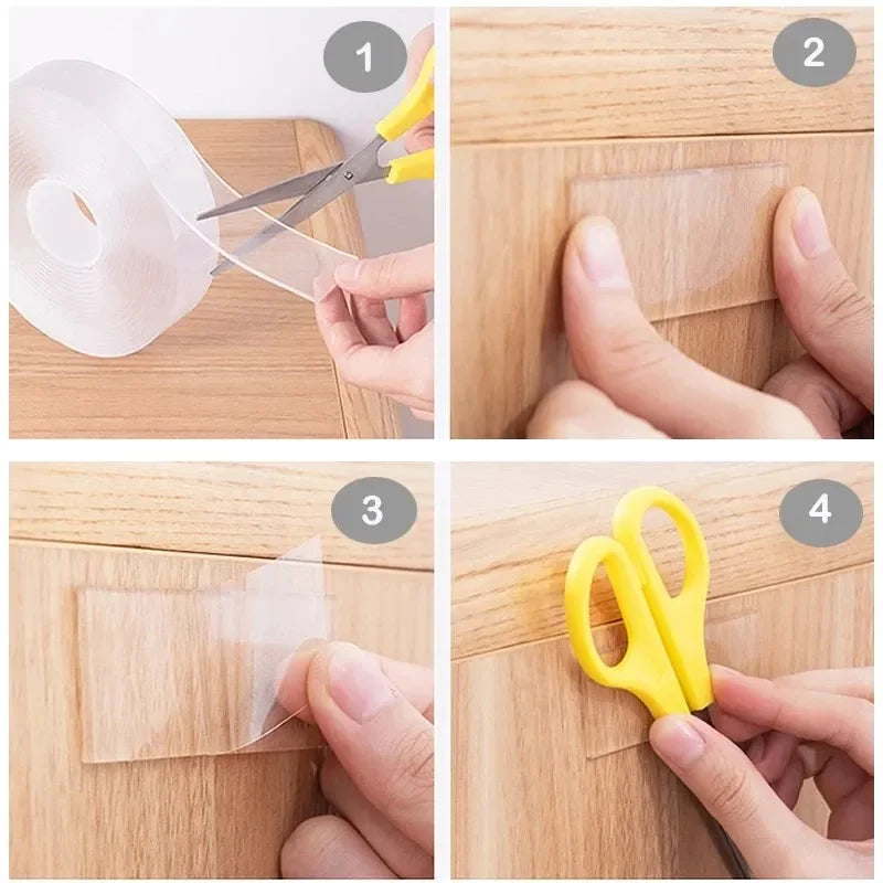 Quatre étapes montrant comment utiliser du ruban adhésif nano double face pour fixer un morceau de bois.
