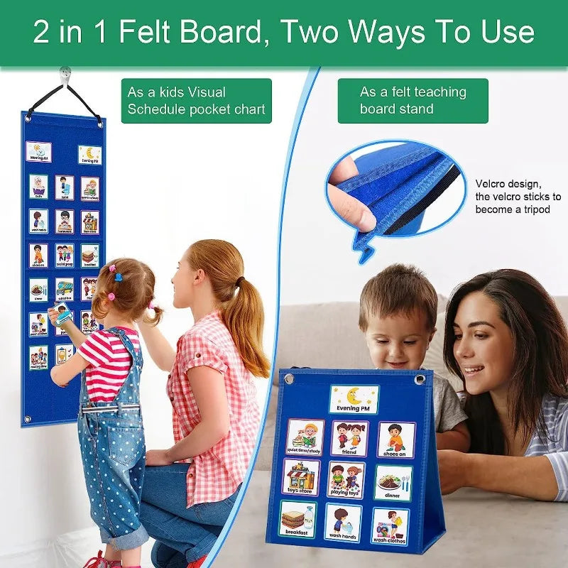 A blue felt board is shown being used as a visual schedule chart and a teaching board stand.
