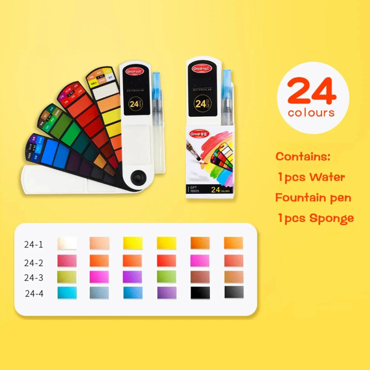 A set of 24 watercolor paint pens and a sponge for painting, showing various colors in a display box.
