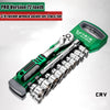 A green tool case containing a 3/8 ratchet wrench socket set with twelve metric and imperial sized sockets.