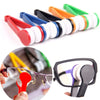 A set of portable microfiber glasses cleaning cloths with brushes in various colors and a pair of glasses being cleaned.