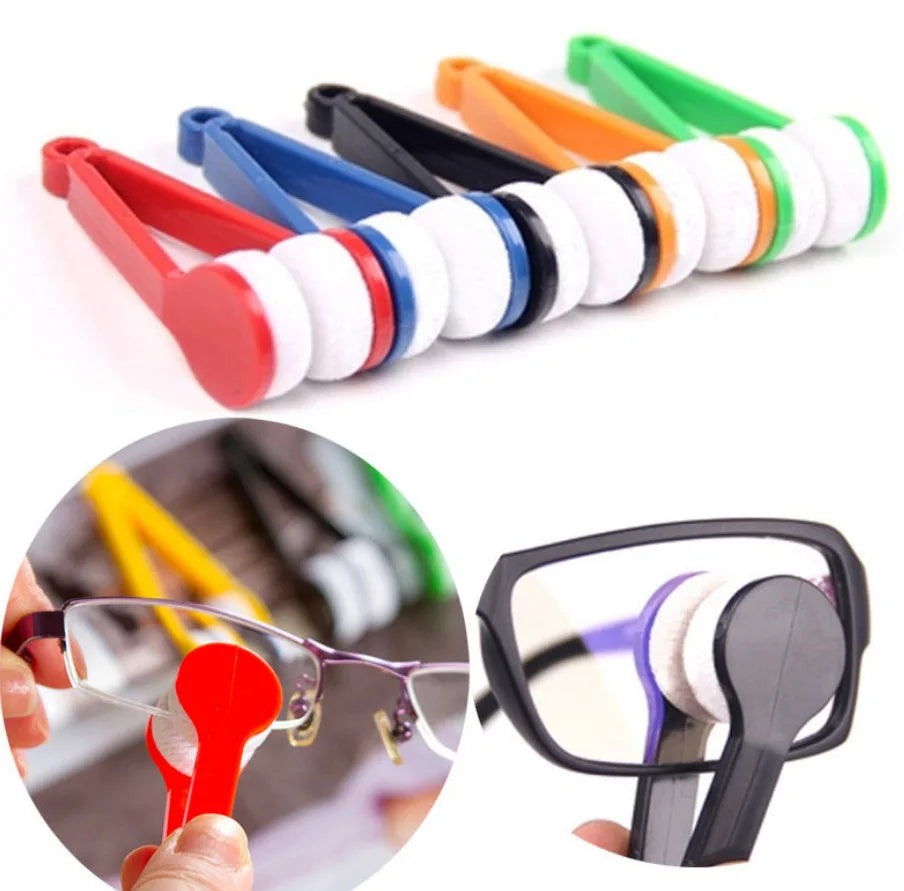 A set of portable microfiber glasses cleaning cloths with brushes in various colors and a pair of glasses being cleaned.