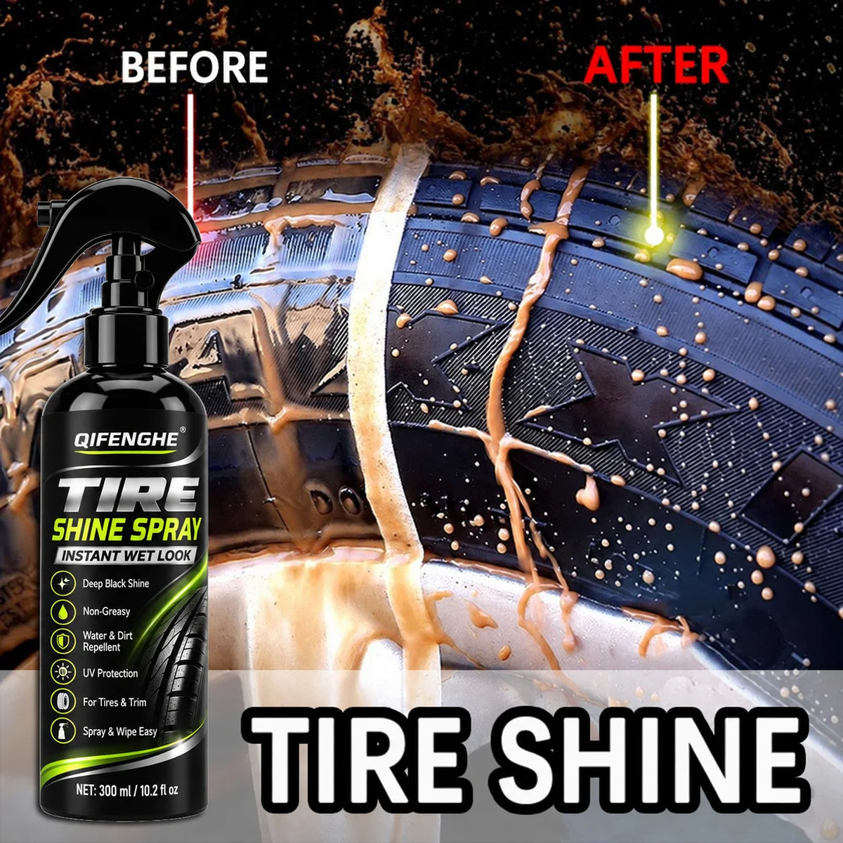 Qifenge Tire Shine spray bottle next to a tire showing the before and after shine effect.