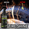 Qifenge Tire Shine spray bottle next to a tire showing before and after shine results