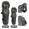 Set of black impact-resistant motorcycle knee and elbow protective pads shown in various views