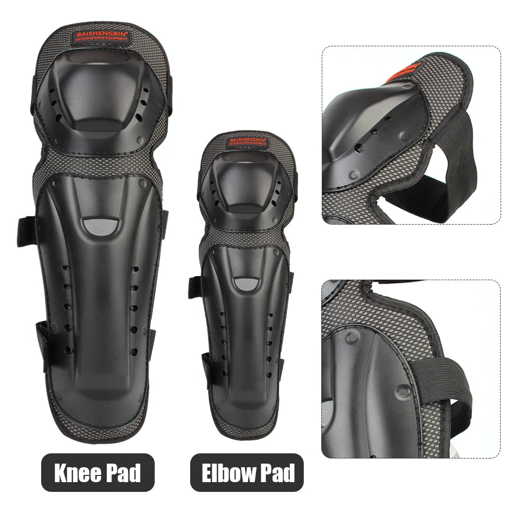 Set of black impact-resistant motorcycle knee and elbow protective pads shown in various views