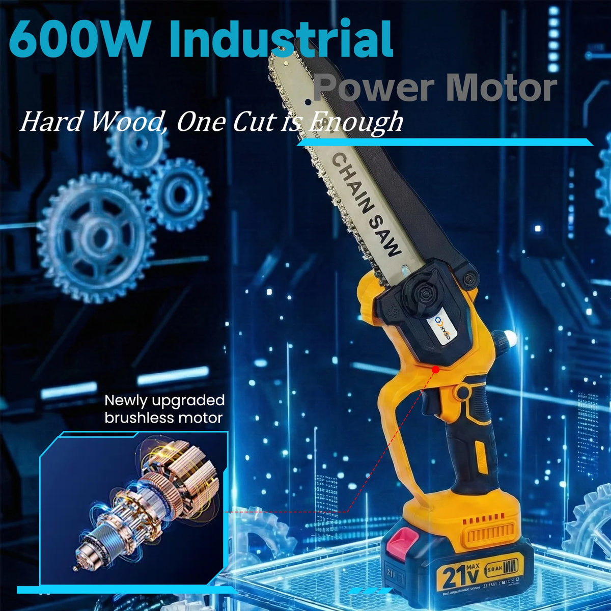 A yellow cordless power motor chainsaw with a blade and extension is shown against a blue digital background.