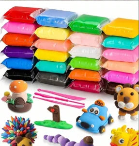 A collection of colorful air dry clay modeling sets in various colors and sizes with tools.
