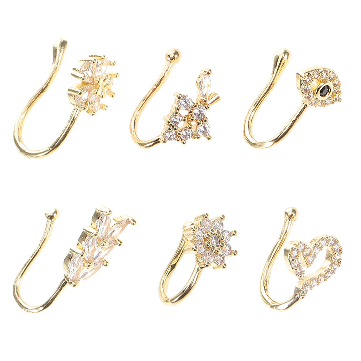 A set of six gold-toned non-piercing nose cuff earrings featuring floral and heart designs.