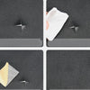 Four panels showing self-adhesive PU leather repair patches being applied to a dark leather surface.